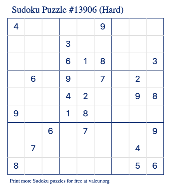 Free Printable Hard Sudoku Puzzle number 13906