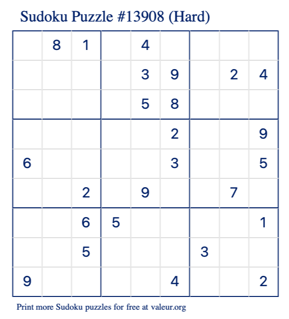 Free Printable Hard Sudoku Puzzle number 13908