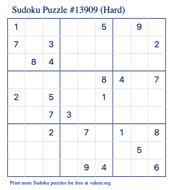 Free Printable Hard Sudoku Puzzle number 13909