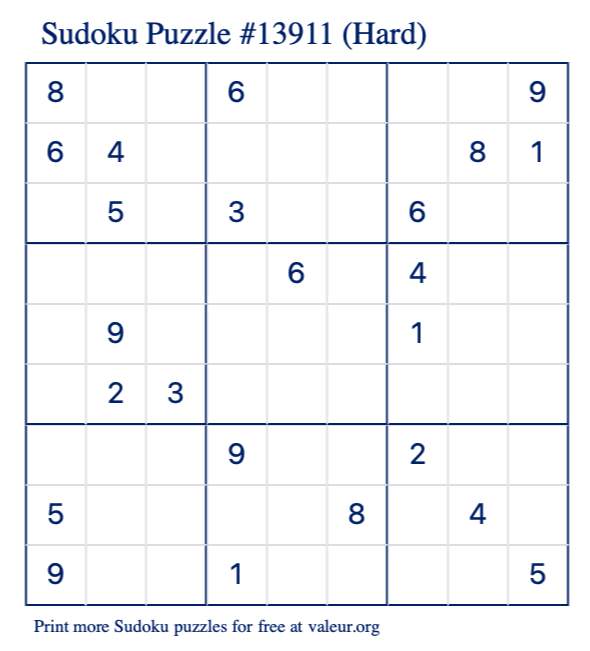 Free Printable Hard Sudoku Puzzle number 13911