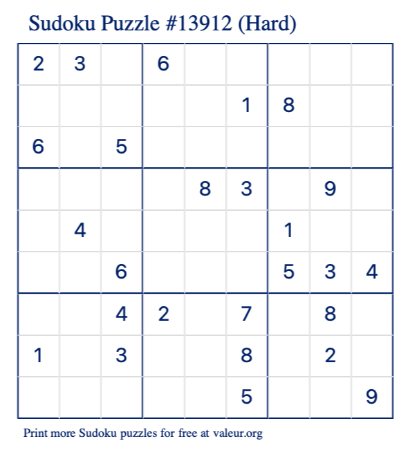 Free Printable Hard Sudoku Puzzle number 13912