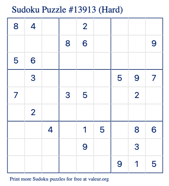 Free Printable Hard Sudoku Puzzle number 13913