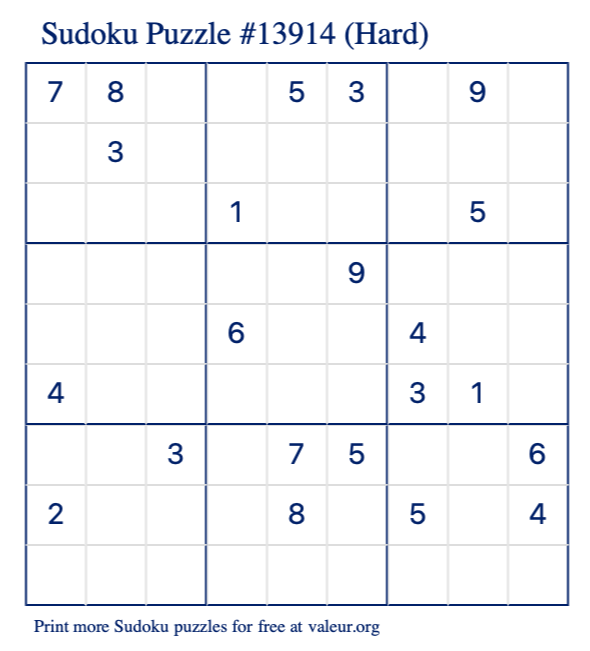 Free Printable Hard Sudoku Puzzle number 13914