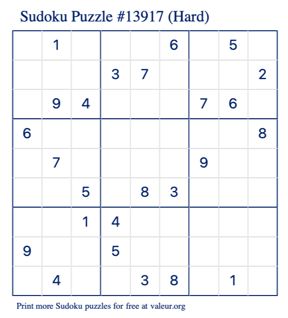 Free Printable Hard Sudoku Puzzle number 13917