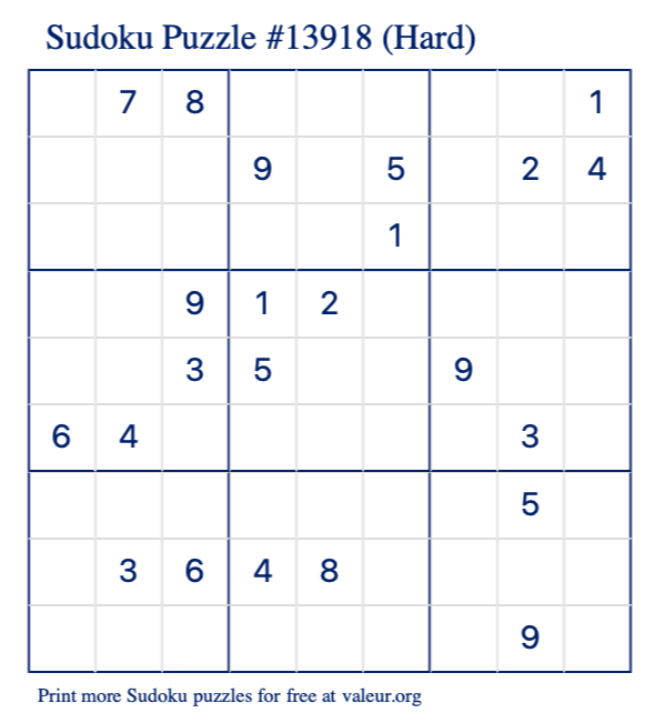 Free Printable Hard Sudoku Puzzle number 13918