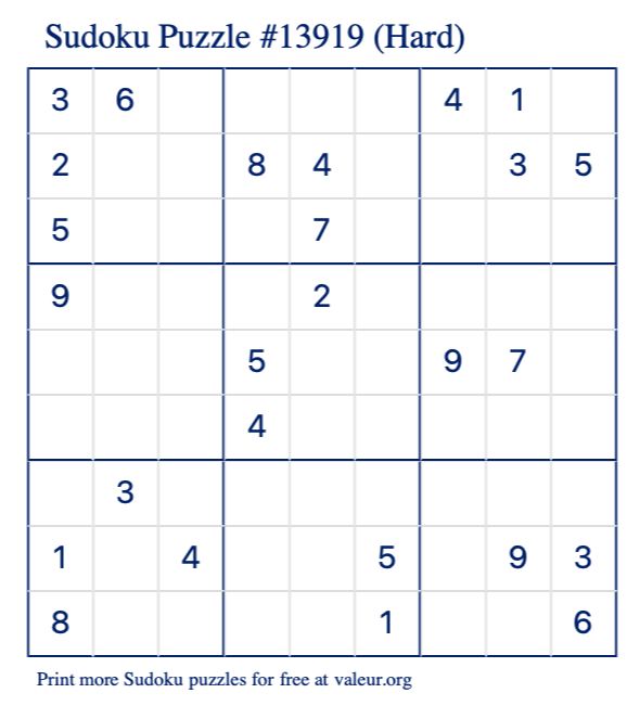 Free Printable Hard Sudoku Puzzle number 13919