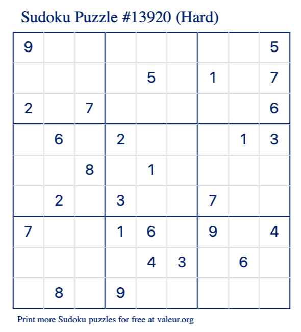 Free Printable Hard Sudoku Puzzle number 13920
