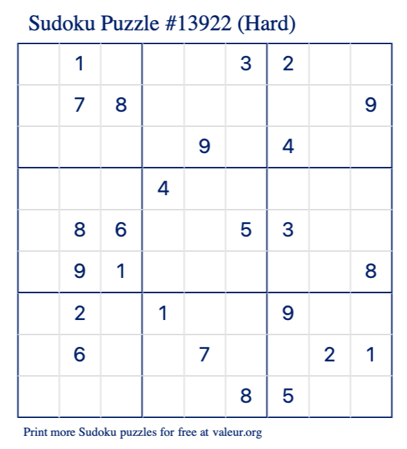 Free Printable Hard Sudoku Puzzle number 13922