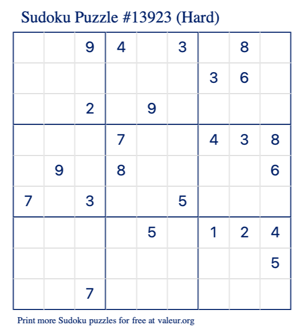 Free Printable Hard Sudoku Puzzle number 13923