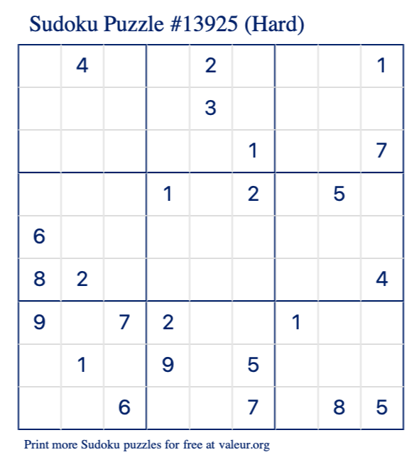 Free Printable Hard Sudoku Puzzle number 13925