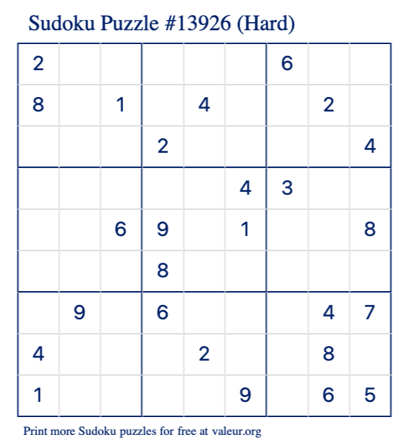 Free Printable Hard Sudoku Puzzle number 13926