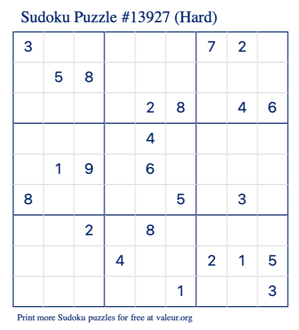 Free Printable Hard Sudoku Puzzle number 13927