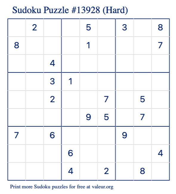 Free Printable Hard Sudoku Puzzle number 13928