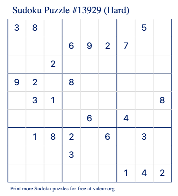 Free Printable Hard Sudoku Puzzle number 13929