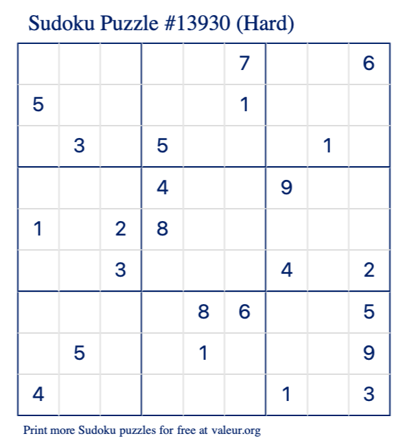 Free Printable Hard Sudoku Puzzle number 13930