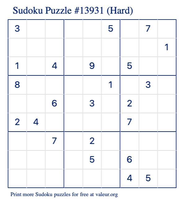 Free Printable Hard Sudoku Puzzle number 13931