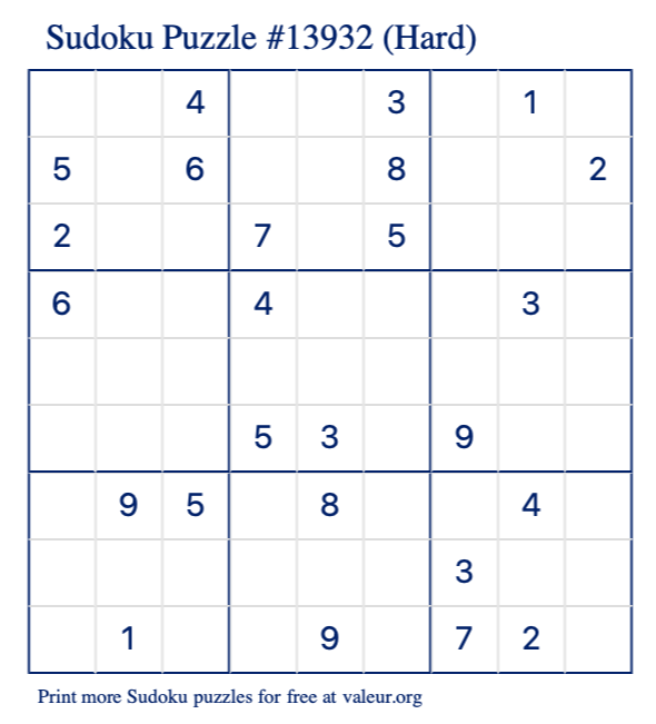 Free Printable Hard Sudoku Puzzle number 13932