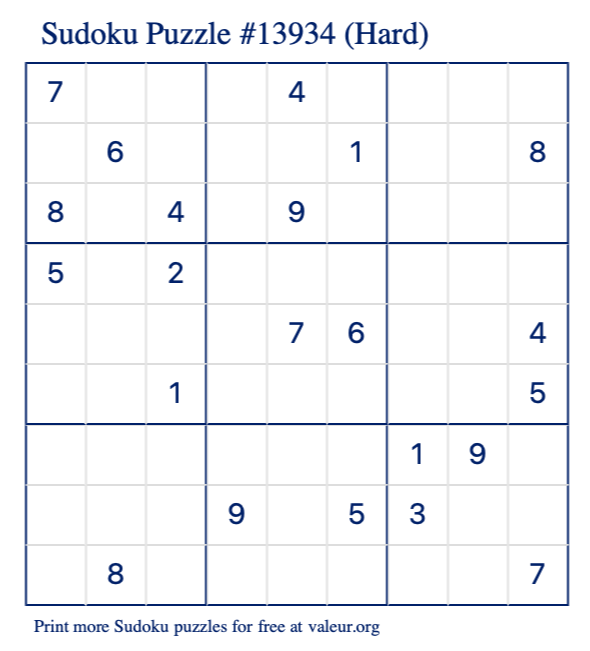 Free Printable Hard Sudoku Puzzle number 13934