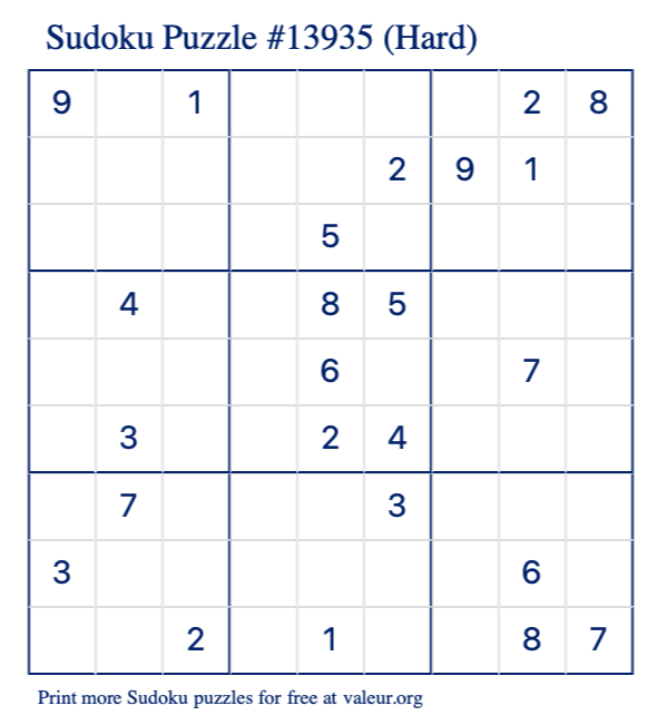 Free Printable Hard Sudoku Puzzle number 13935