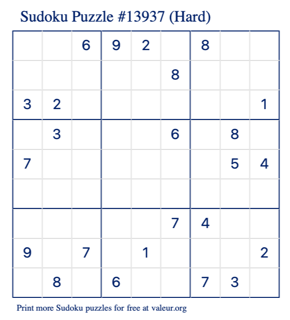 Free Printable Hard Sudoku Puzzle number 13937