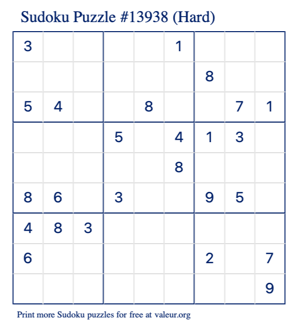 Free Printable Hard Sudoku Puzzle number 13938