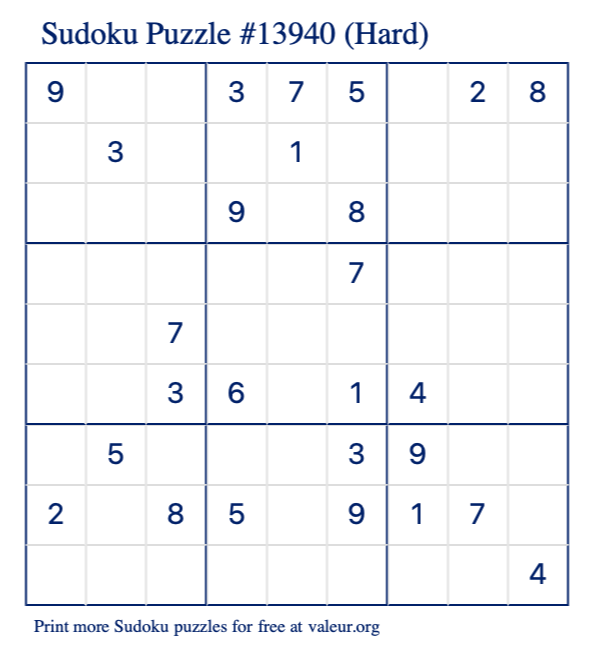 Free Printable Hard Sudoku Puzzle number 13940