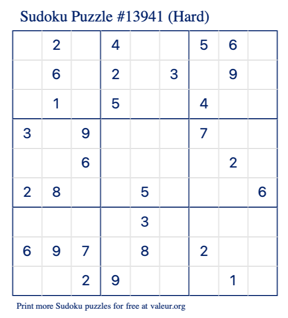 Free Printable Hard Sudoku Puzzle number 13941
