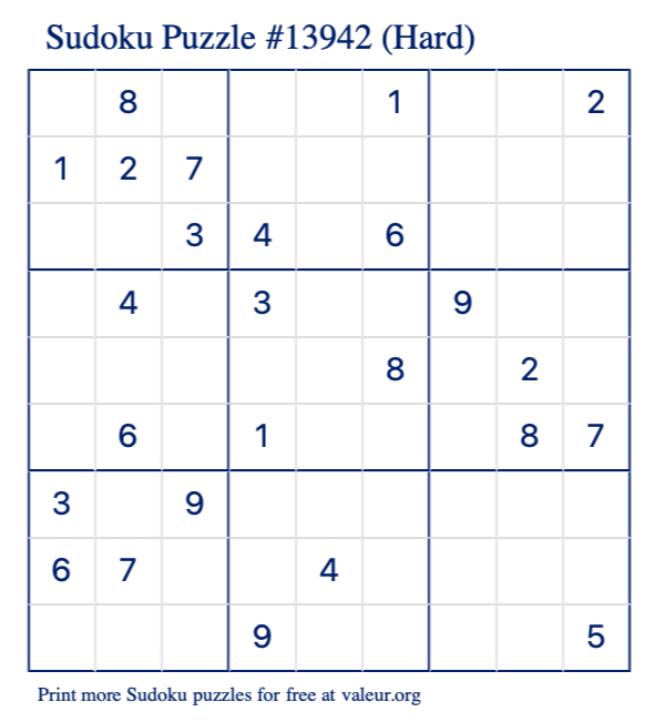 Free Printable Hard Sudoku Puzzle number 13942
