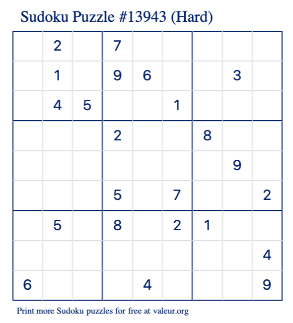 Free Printable Hard Sudoku Puzzle number 13943