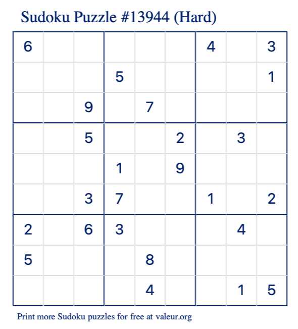 Free Printable Hard Sudoku Puzzle number 13944