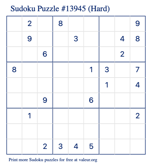 Free Printable Hard Sudoku Puzzle number 13945