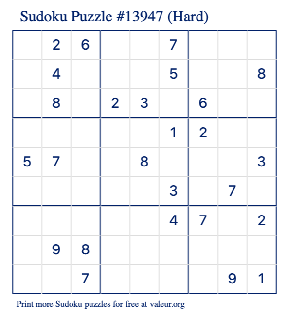 Free Printable Hard Sudoku Puzzle number 13947