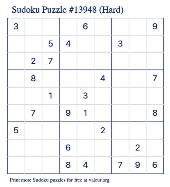 Free Printable Hard Sudoku Puzzle number 13948