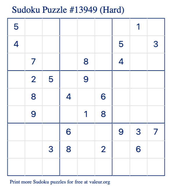 Free Printable Hard Sudoku Puzzle number 13949