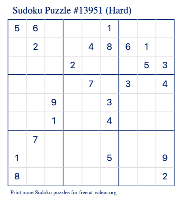 Free Printable Hard Sudoku Puzzle number 13951