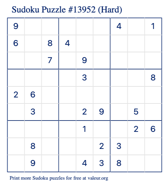 Free Printable Hard Sudoku Puzzle number 13952