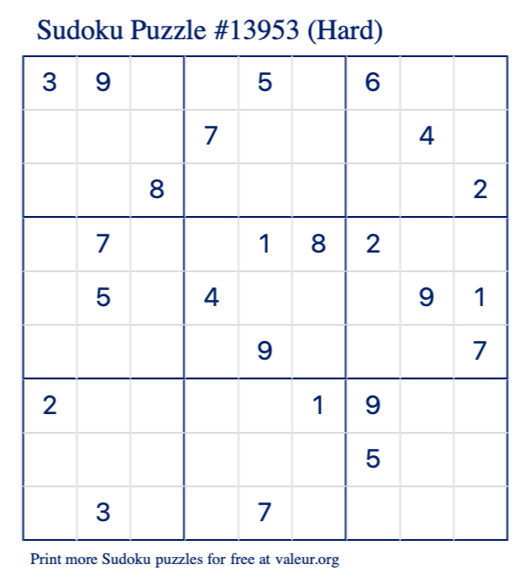Free Printable Hard Sudoku Puzzle number 13953