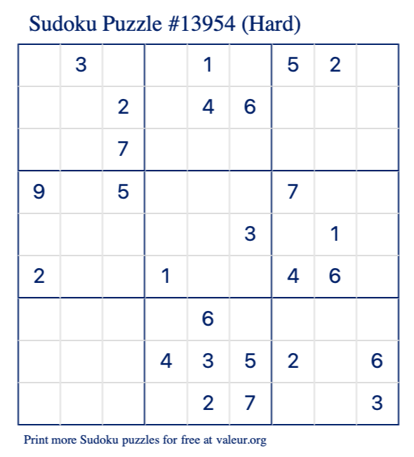 Free Printable Hard Sudoku Puzzle number 13954