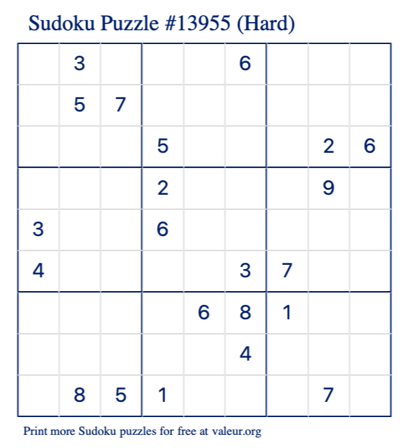 Free Printable Hard Sudoku Puzzle number 13955