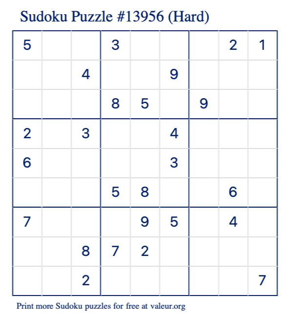 Free Printable Hard Sudoku Puzzle number 13956