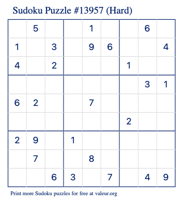 Free Printable Hard Sudoku Puzzle number 13957