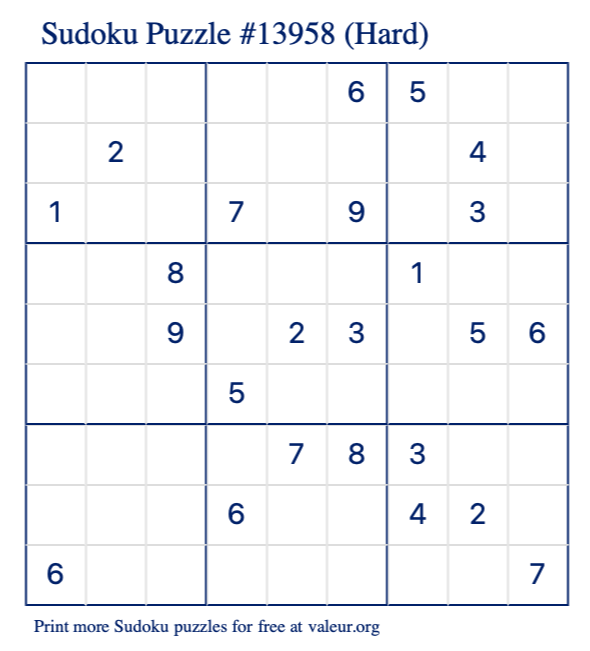 Free Printable Hard Sudoku Puzzle number 13958