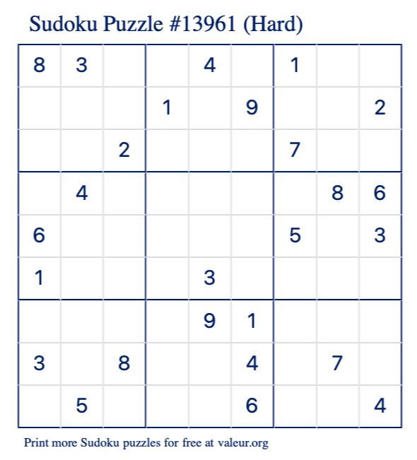 Free Printable Hard Sudoku Puzzle number 13961