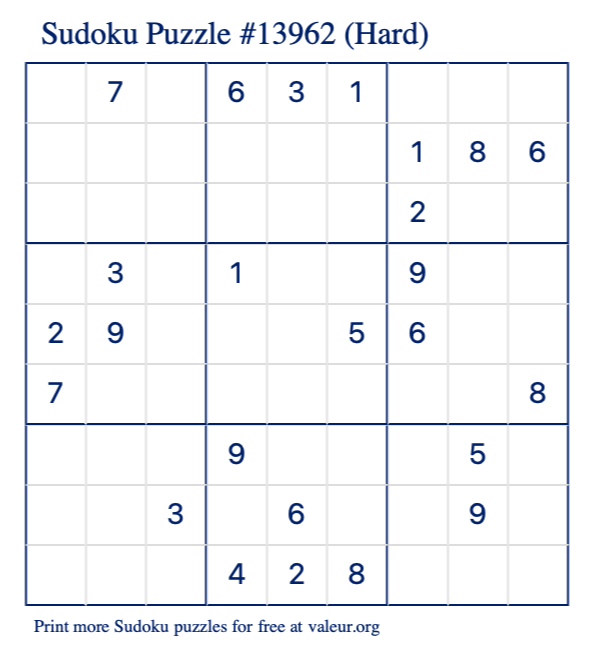 Free Printable Hard Sudoku Puzzle number 13962