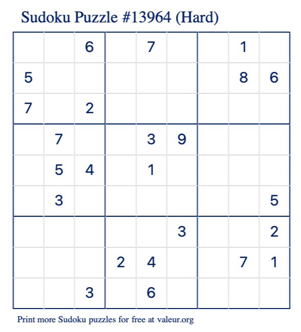 Free Printable Hard Sudoku Puzzle number 13964
