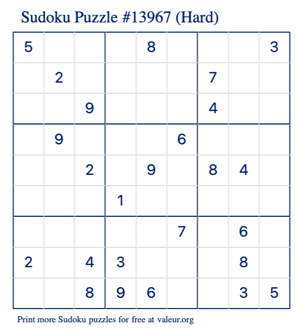 Free Printable Hard Sudoku Puzzle number 13967
