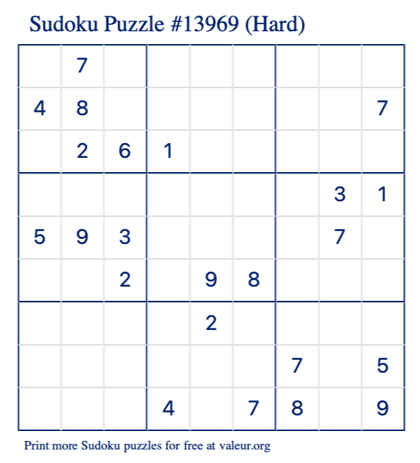 Free Printable Hard Sudoku Puzzle number 13969