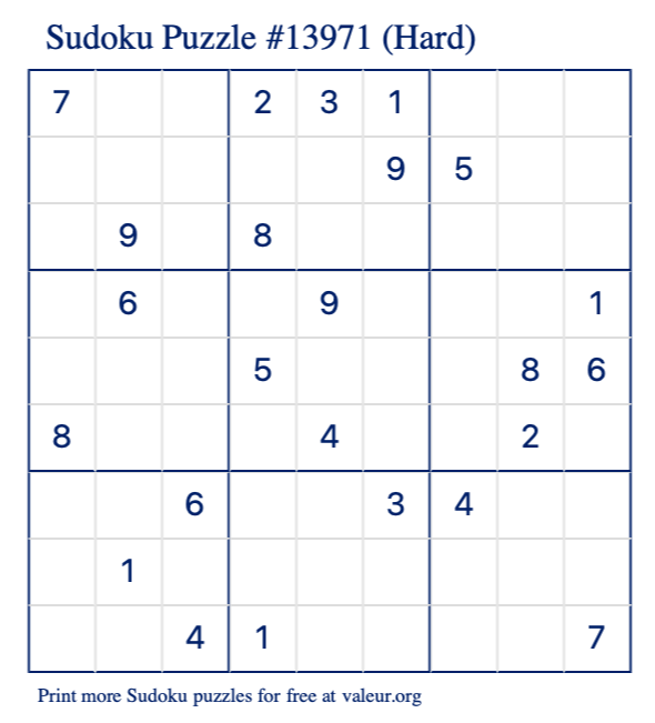 Free Printable Hard Sudoku Puzzle number 13971