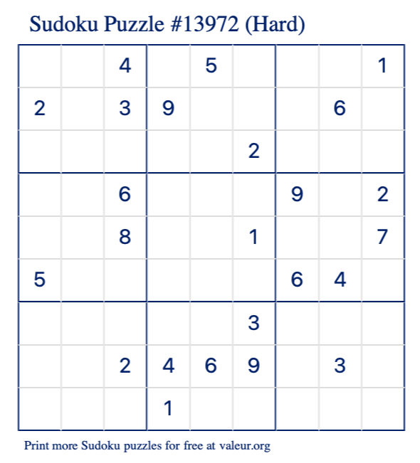 Free Printable Hard Sudoku Puzzle number 13972
