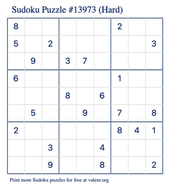 Free Printable Hard Sudoku Puzzle number 13973